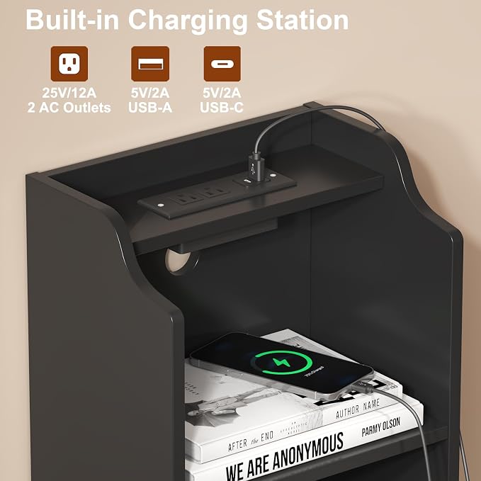 Tall Nightstand with Charging Station, Narrow Side Table with Bookshelf - Image 3
