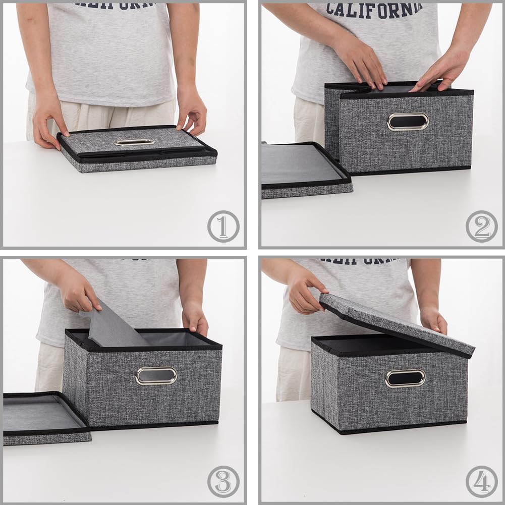 Storage Bins with Lids [3-Pack] Linen Fabric Foldable Storage Boxes