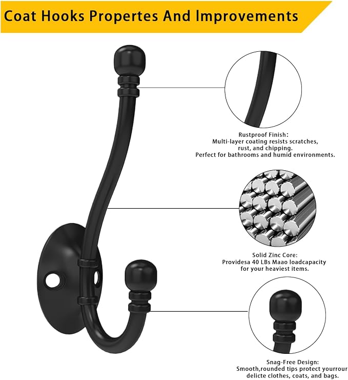 6 Pack Heavy Duty Wall Hooks for Hanging, Metal Coat Hooks Wall Mount - Image 5