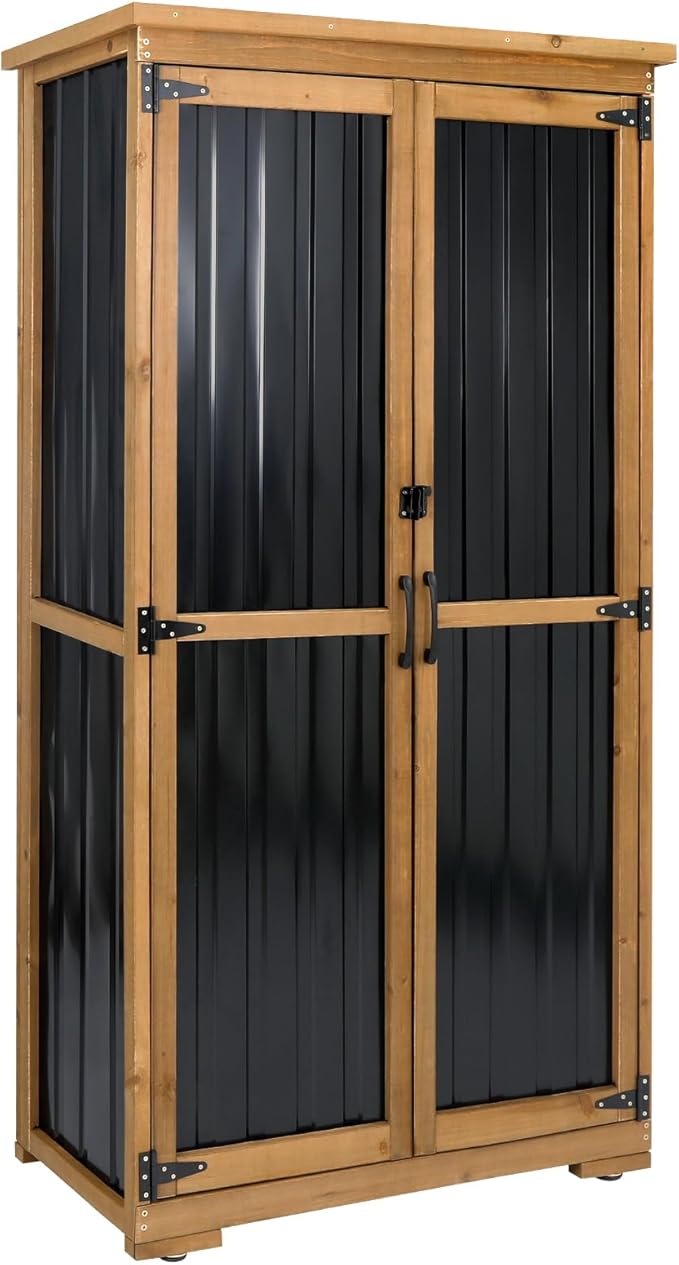 Outdoor Storage Cabinet, Wood & Metal Tall Tool Shed by Ketive