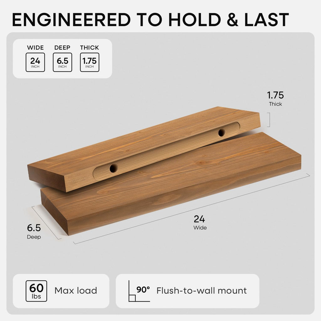 Homeforia 24 Inch Floating Shelves, High-End Solid Pine Wood, Set of 2
