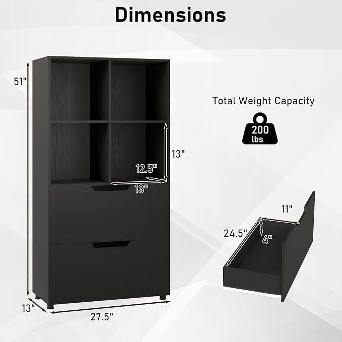 Giantex Bookcase with 2 Drawers, 51” Tall Floor Bookshelf w/4 Cubes, Anti-tip - Image 3