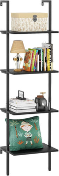 Ladder Shelf 4 Tiers Metal Industrial Bookshelf,Black Wooden Tall Open