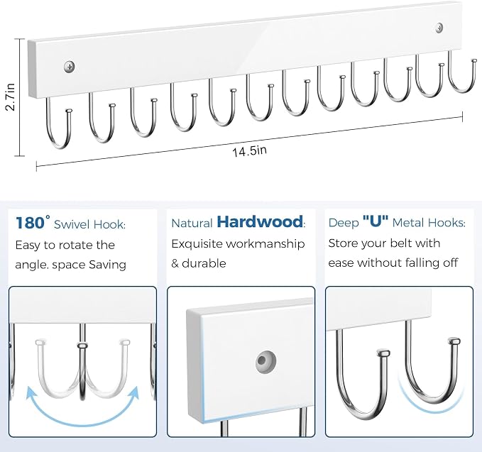 Belt Hanger Wall Mounted, Wooden Coat Rack Belt Organizer 2 Pack Max 24 Storage - Image 4