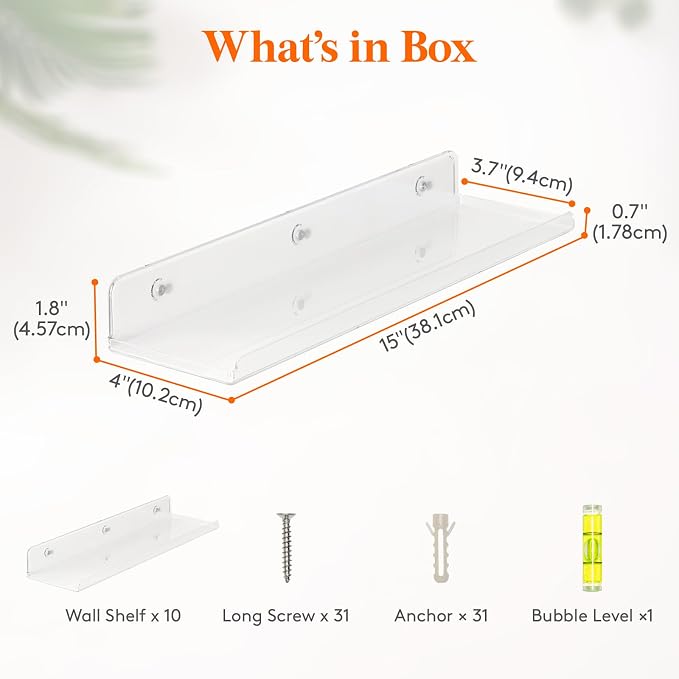 Lifewit Floating Shelves for Wall, 10 Pack Clear Acrylic Shelf 15" Room Decor - Image 3
