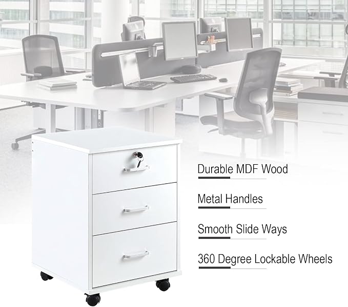 File Cabinet with Lock 3 Drawer Mobile Filing Cabinet with 360° Swivel Wheels - Image 6