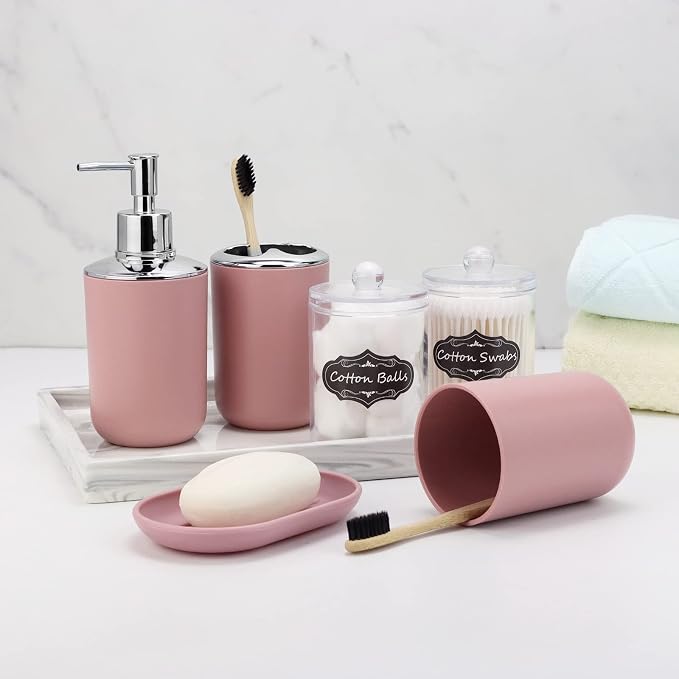 7 Piece Pink Bathroom Set, Soap Dispenser, Toilet Brush, Trash Can & Décor Tray - Image 4