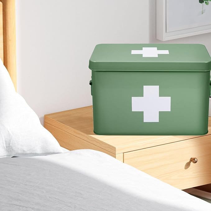 Flexzion First Aid Box Organizer Empty 13" Green Vintage First Aid Kit Tin - Image 6