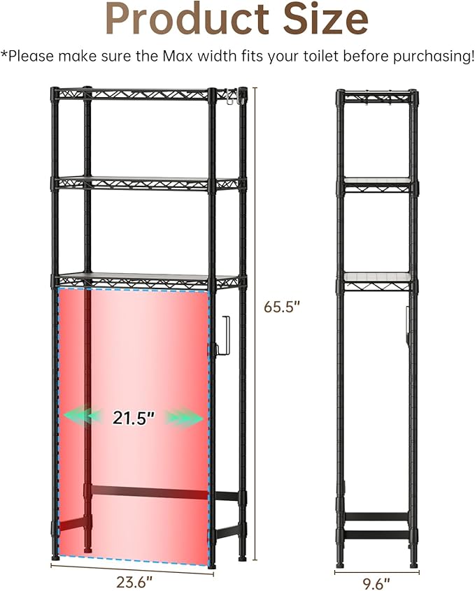 3-Tier Over The Toilet Storage Shelf, Heavy Duty Adjustable Metal Bathroom Rack - Image 3