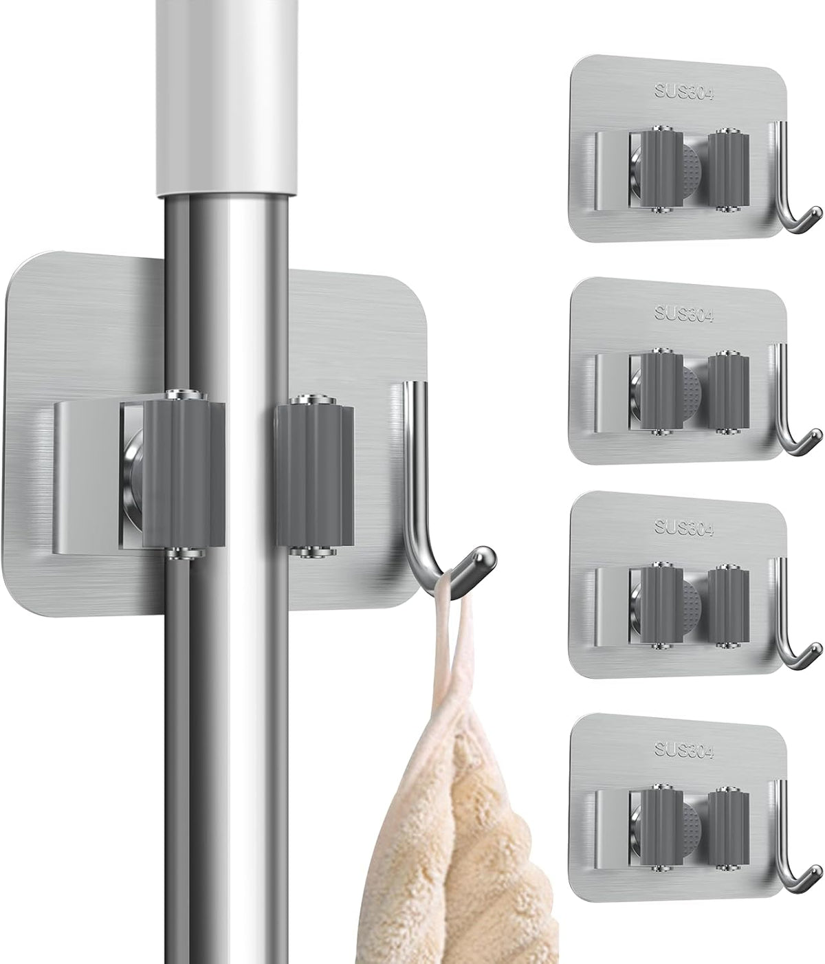 nacena 4 Pack No Drill Self Adhesive Broom Mop Holder Wall Mount with
