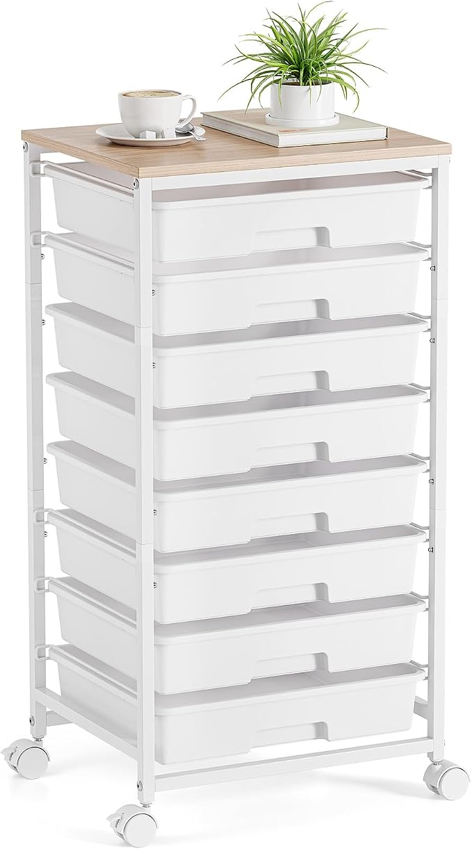 Storage Cart with 8 Drawers, Utility Cart with White Drawers and Wooden Tabletop by TOOLF