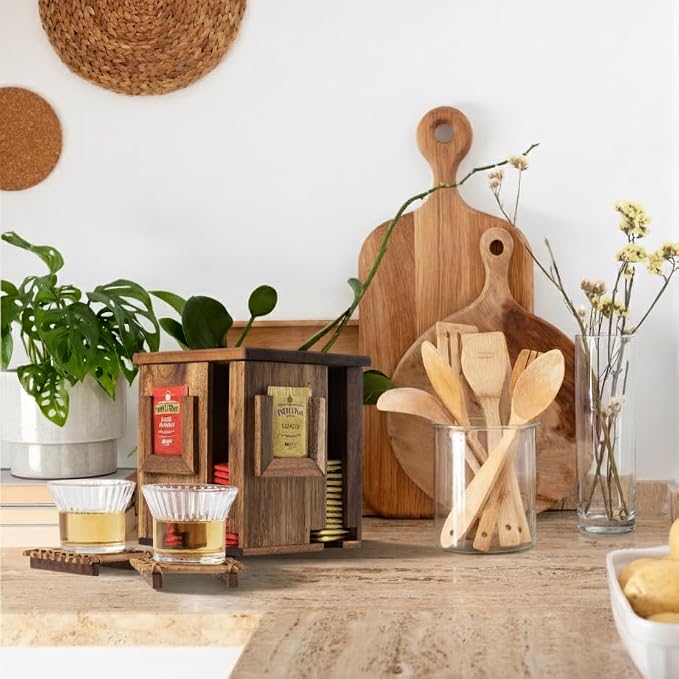 Rotating Tea Bag Organizer – Acacia Wood 4-Sided Storage Box - Image 6