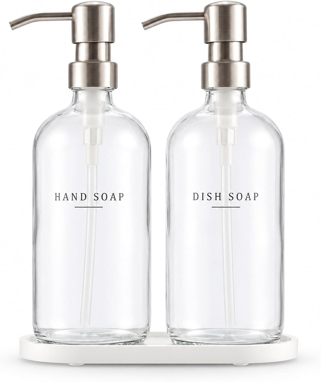 Glass Soap Dispenser - Dish Hand Soap Dispenser Set for Kitchen