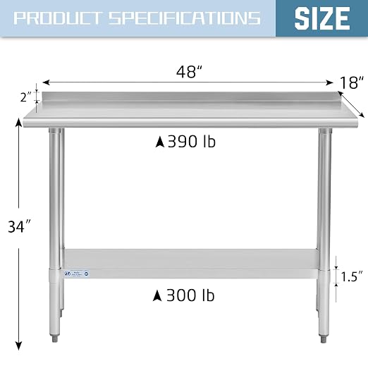 Hally Stainless Steel Table for Prep & Work 18 x 48 Inches, NSF Commercial - Image 3