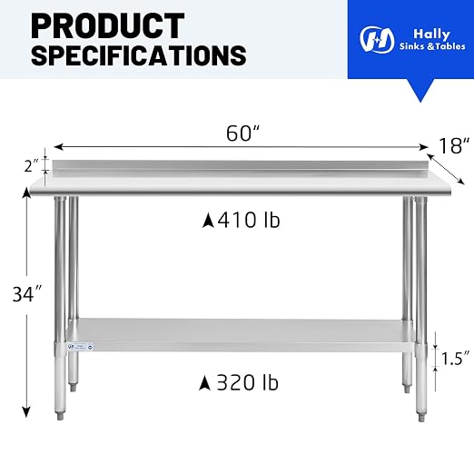 Hally Stainless Steel Table for Prep & Work 18 x 60 Inches, NSF Commercial - Image 3