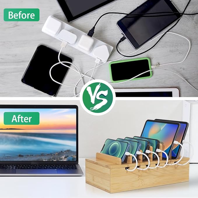 Bamboo Charging Station for Multiple Devices, Desk Docking Stations Organizer - Image 6