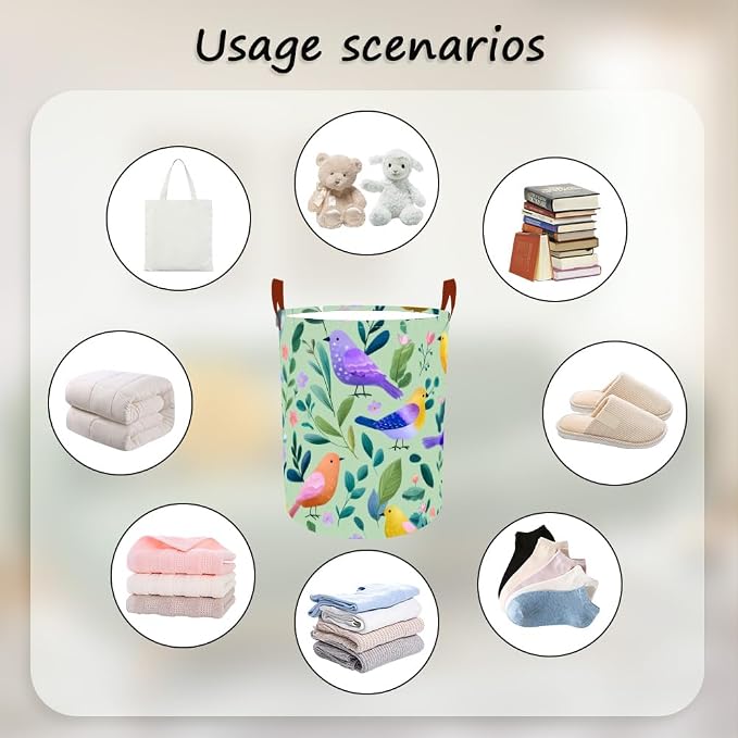 Laundry Baskets 15.7x19.7 Inch Large Colorful Birds Leaves Floral Design - Image 4