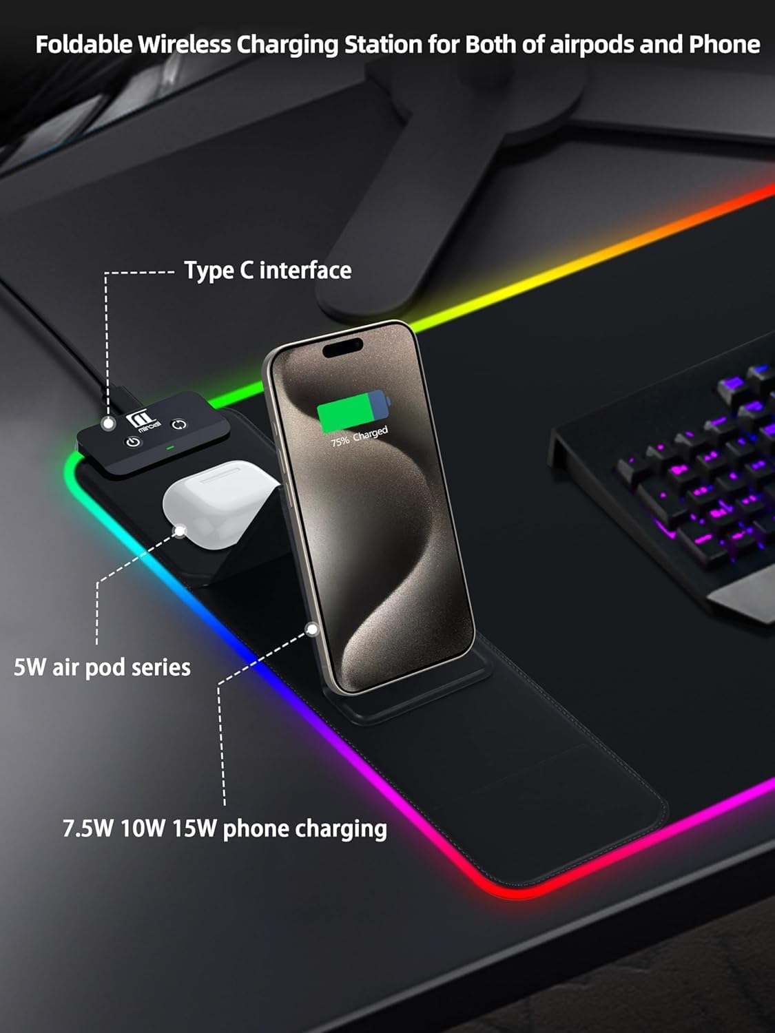 XXL Mouse Pad with Phone Holder - Black, RGB Desk Mat with 15W Fast
