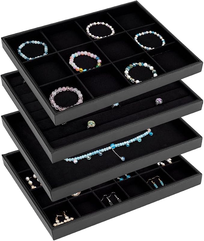 PH PandaHall Black Jewelry Tray 4 Pack Jewelry Organizer Tray Rectangle Display by PHPandaHall
