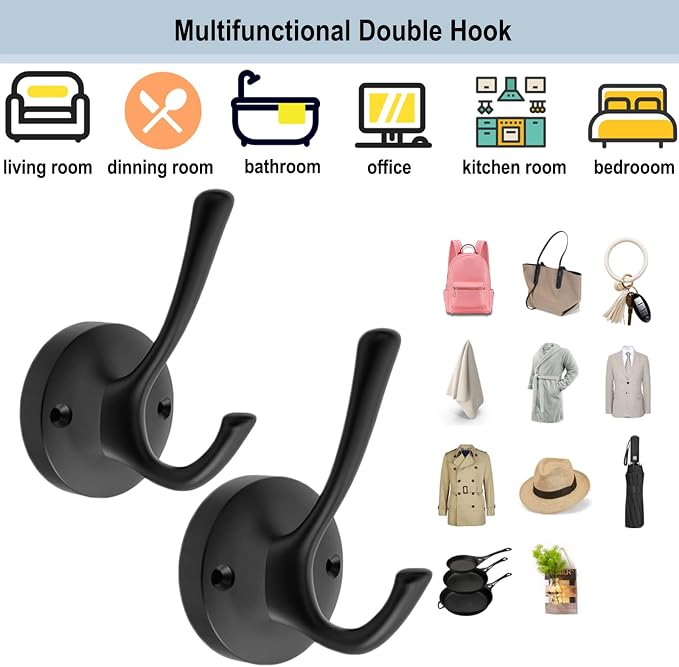 Black Towel Hooks, 2 Pack Coat Robe Hook Heavy Duty Metal Double Bathrobe Hook - Image 5