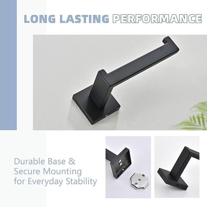 3PCS Bathroom Hardware Set, Matte Black Toilet Paper Holder, 2 Square Towel - Image 6