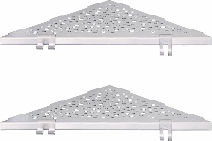 Shower Corner Shelf with 4 Hooks, No-Drill 10" Brushed Nickel 304 Stainless by WELLUP