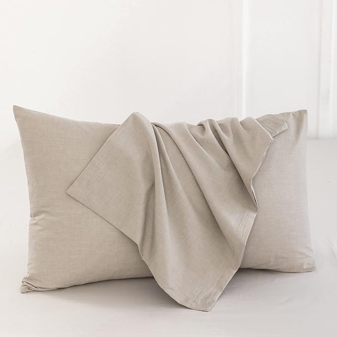 MooMee Bedding Pillowcases Pack of 2 100% Washed Cotton Linen Like Textured - Image 2