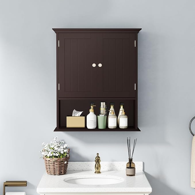 Tangkula Bathroom Wall Cabinet, Wooden Hanging Storage Cabinet - Image 4