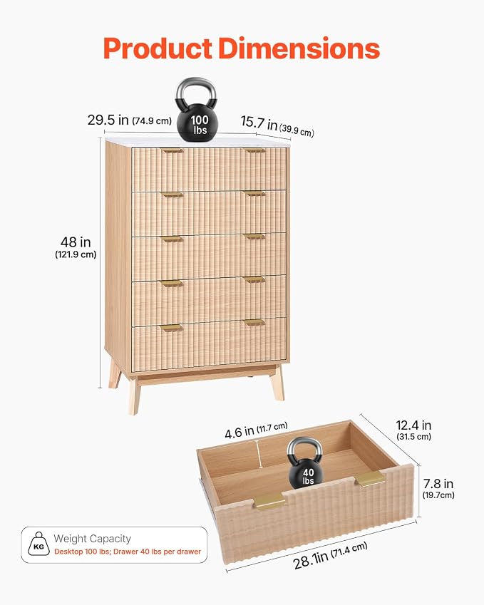 VEVOR 5 Drawer 48" Tall Fluted Bedroom Dresser, Modern Chest of Drawers - Image 3