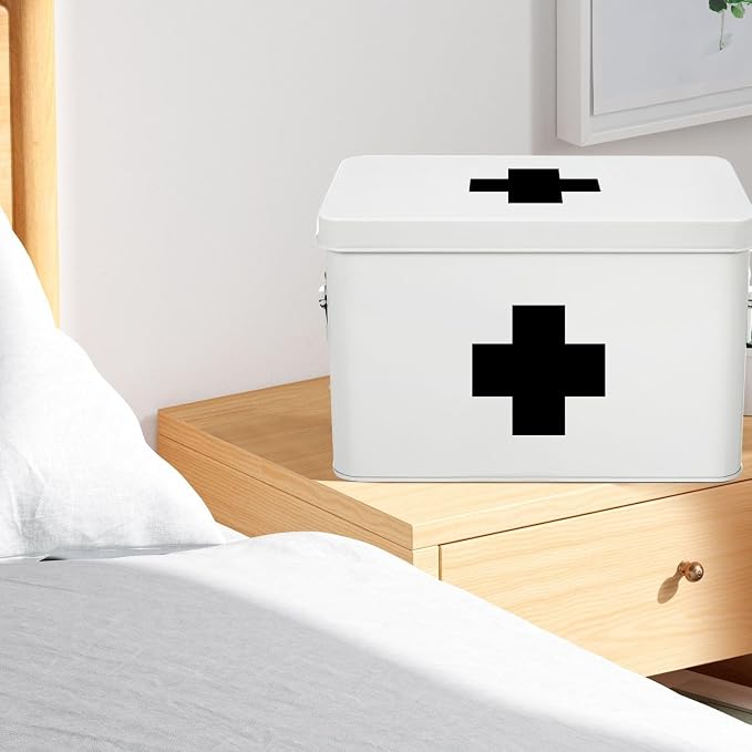 Flexzion First Aid Box Organizer Empty 13" White Vintage First Aid Kit Tin - Image 6