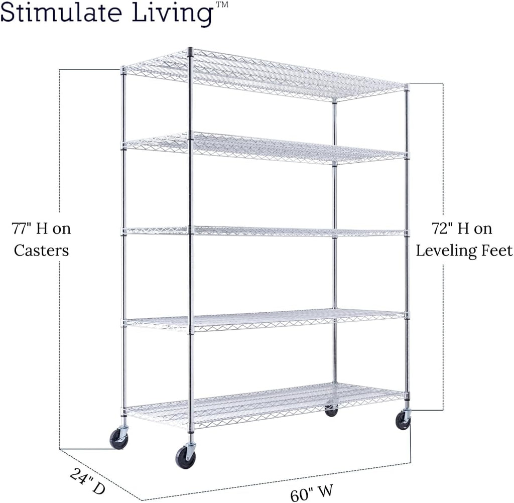 60"x24"x72" Heavy Duty Chrome Wire Shelving Unit, 5-Tier NSF Certified