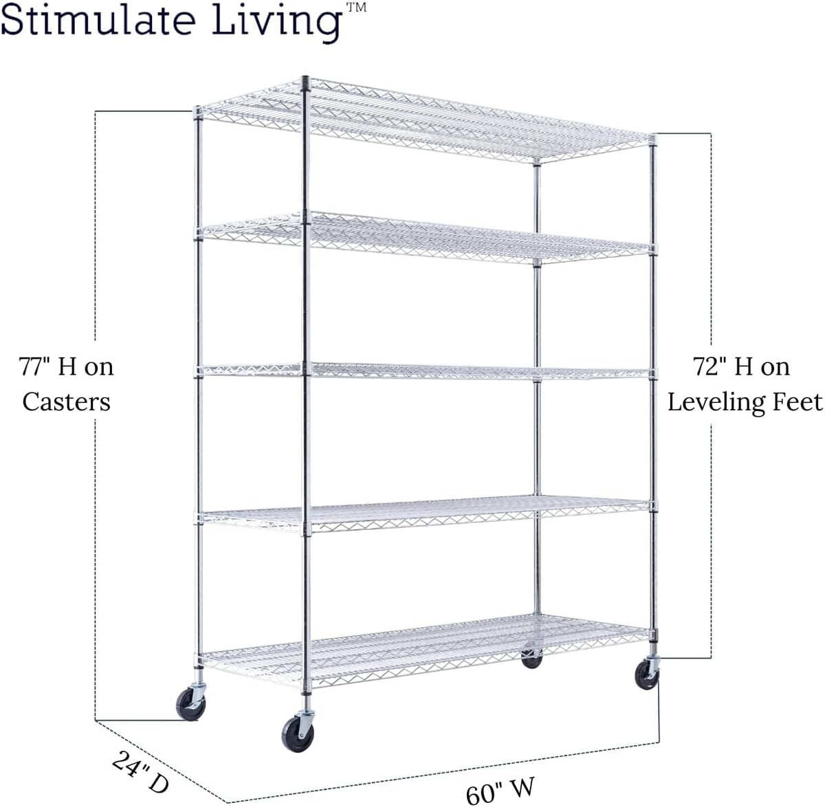 60"x24"x72" Heavy Duty Chrome Wire Shelving Unit, 5-Tier NSF Certified