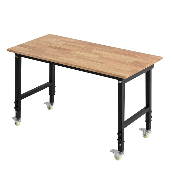 VEVOR Adjustable Workbench on Wheels, 1500 lbs Capacity, 48 x 24 Inch Oak Wood by VEVOR