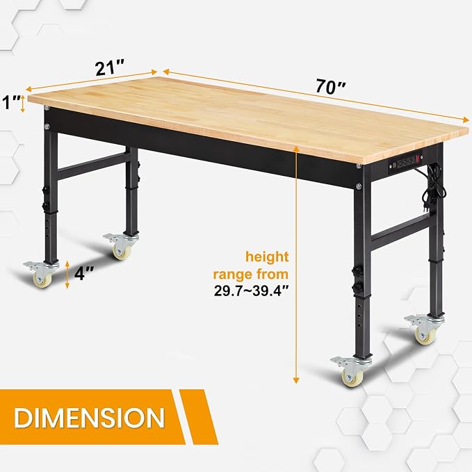 70'' Adjustable Workbench, Rubber Wood Top Work Bench Heavy-Duty Work Table - Image 3