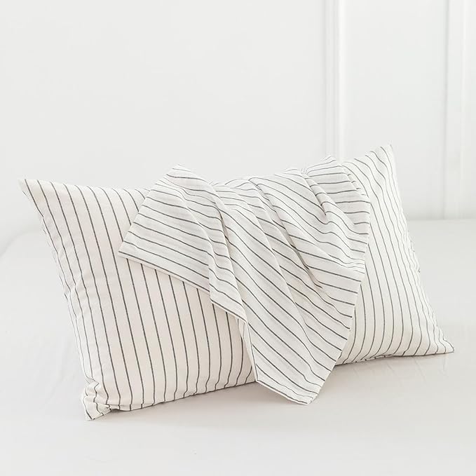 MooMee Bedding Pillowcases Striped Pack of 2 100% Washed Cotton Linen Like - Image 2