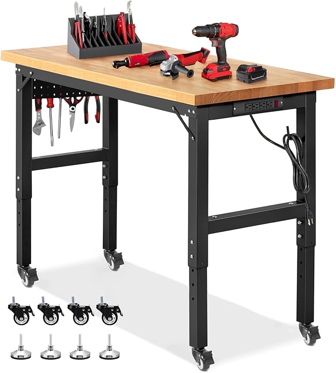 Work Bench with Wheels 48 x 20 Inch Heavy Duty Rubberwood Tabletop Garage by ENJOYWOOD
