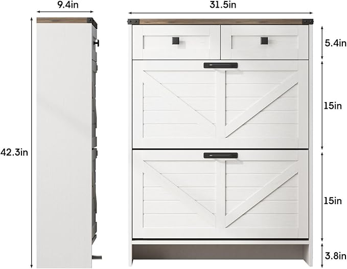 Shoe Cabinet with 2 Flip Drawers & 2 Drawers, Farmhouse Shoe Storage Cabinet - Image 2