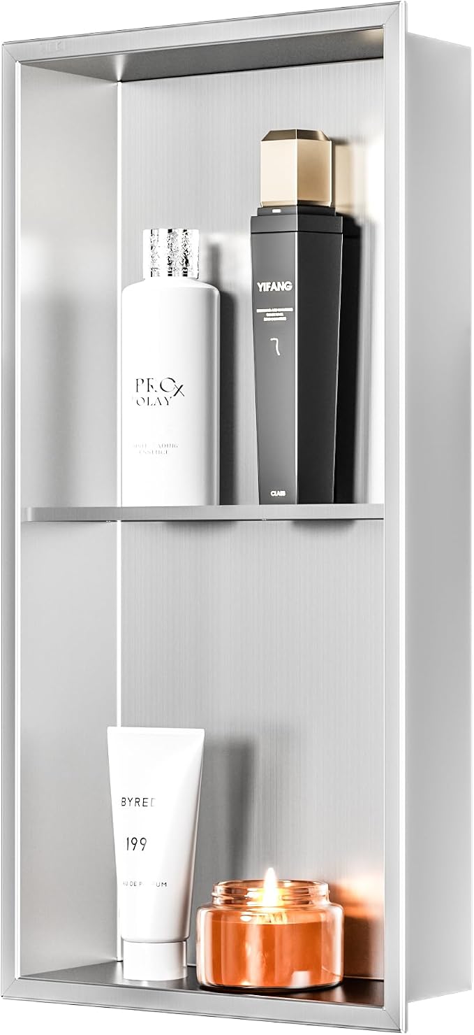Stainless Steel Shower Niche 24" X 12", No Tile Needed Wall Niche Double Shelves - Image 9