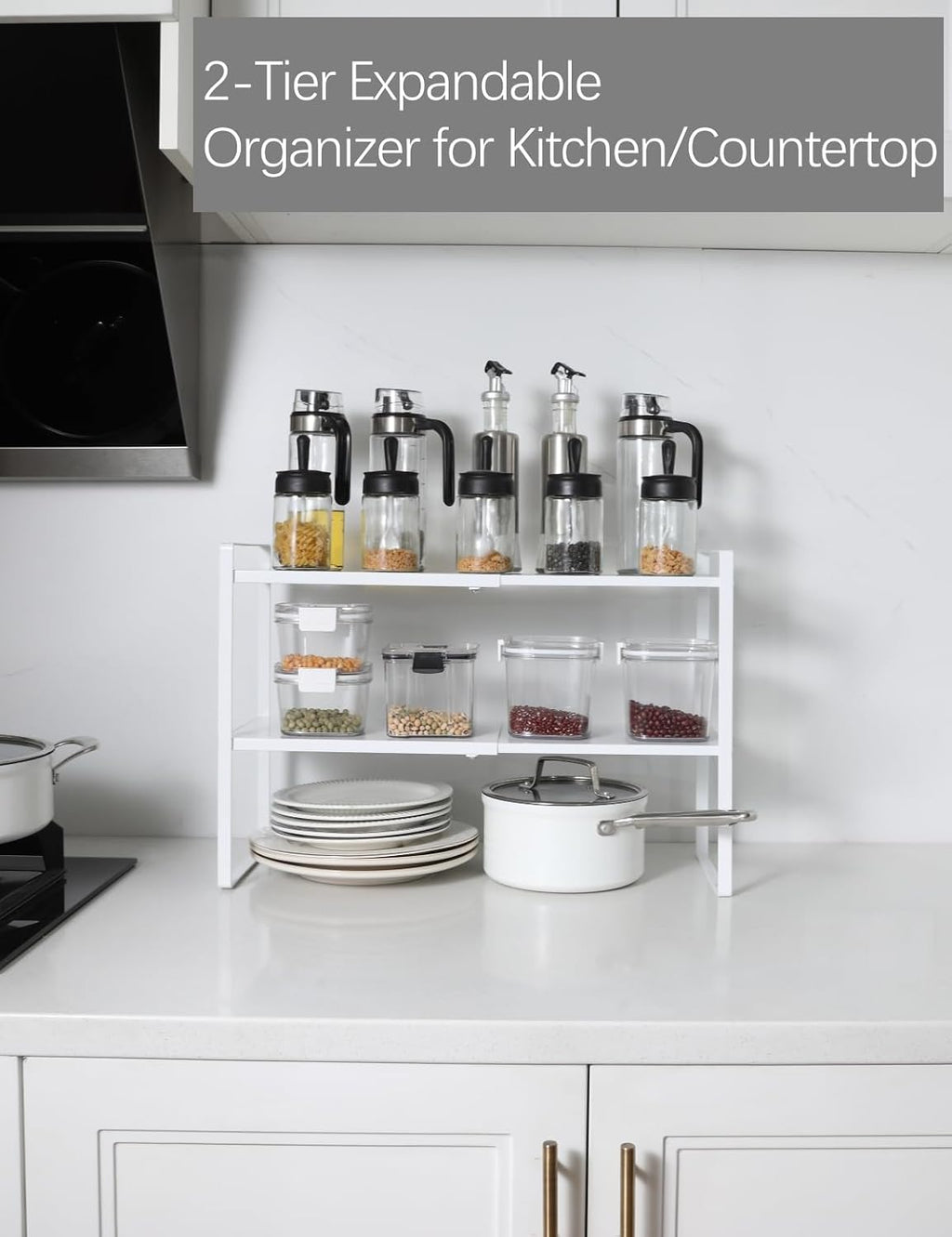 2-Tier Expandable Organizer Shelf for Kitchen Cabinet, Countertop