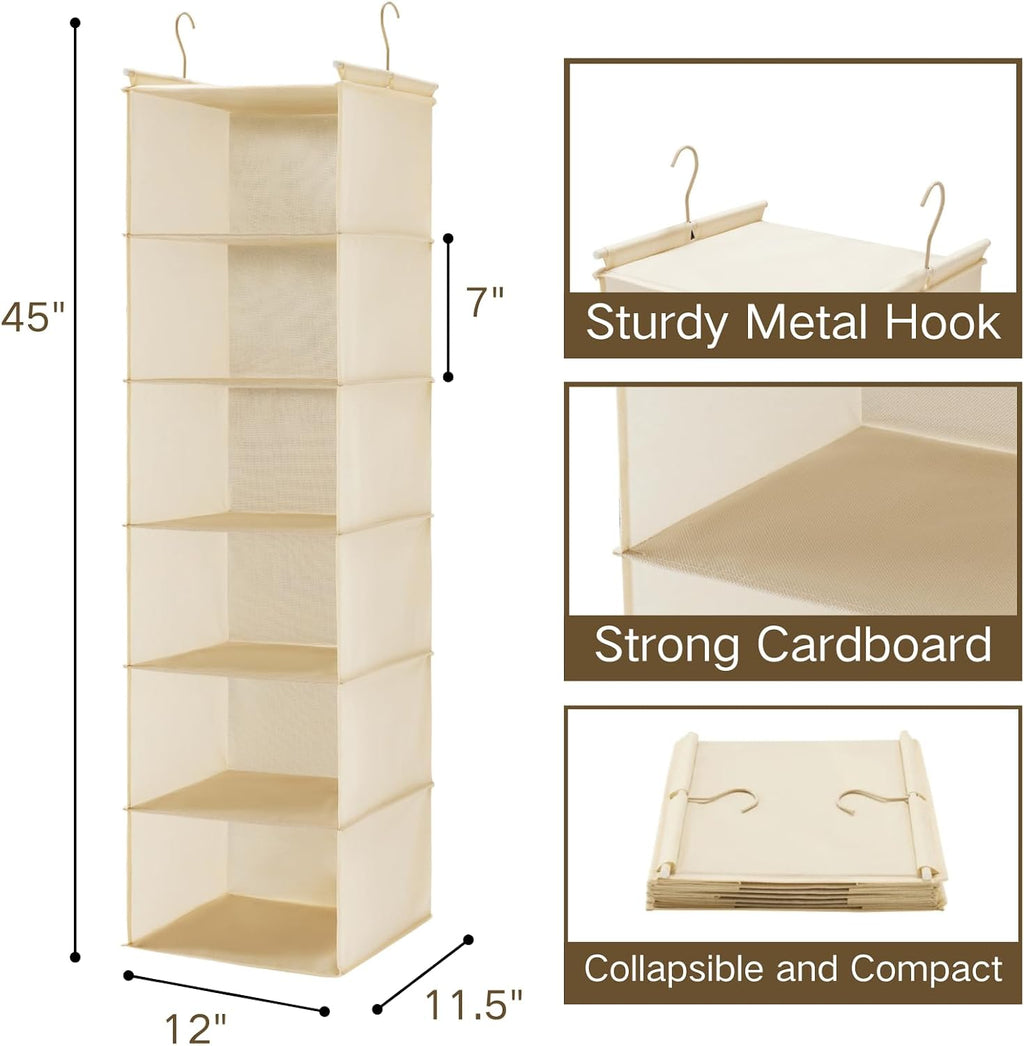 2 Pack 6 Tier Foldable Hanging Closet Organizer, Beige