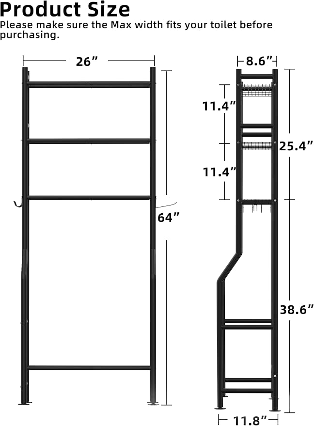 3-Tier Over The Toilet Storage, Freestanding Metal Bathroom Shelves - Image 3