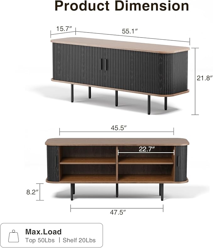 55''W Black Cabinet with Storage, Media Console, Tambour TV Stand, Television - Image 2