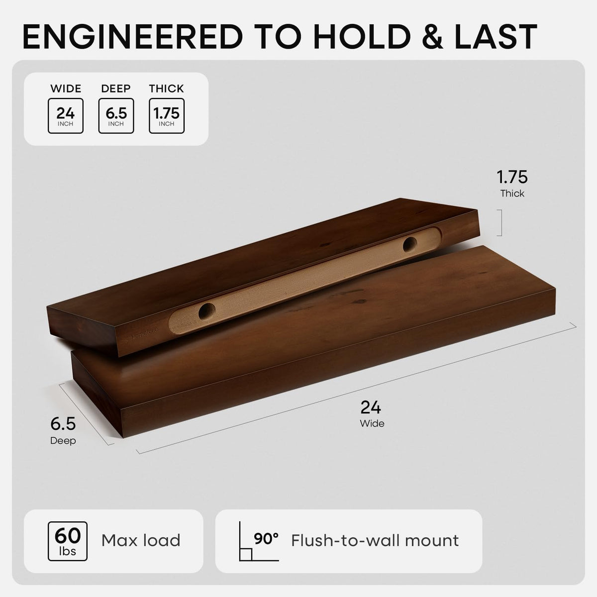 Homeforia 24 Inch Floating Shelves, High-End Solid Pine Wood, Set of 2