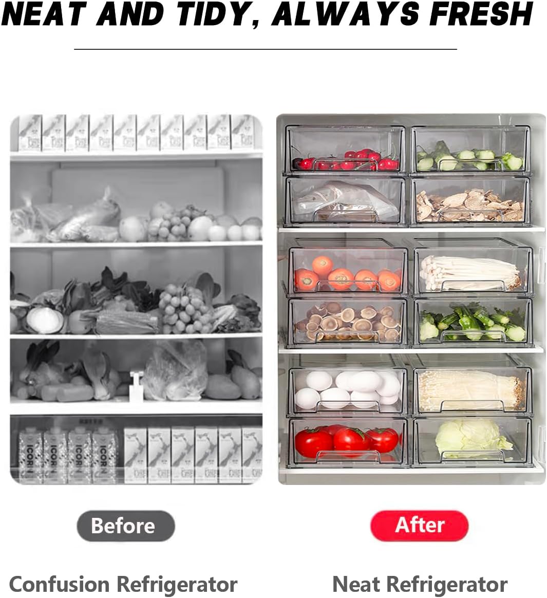 Stackable storage drawers, clear pull-out organizer with handles and