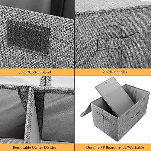 2 Pack Large Linen Fabric Collapsible Storage Bins with Lid and Handles, Washable Storage Box Baskets Cube with Removable Divider for Bedroom,Closet,Office,Living Room,Nursery (Black, Large)