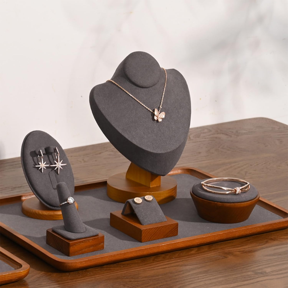 Solid Wood Earring Jewelry Display Stand with Microfiber Finish