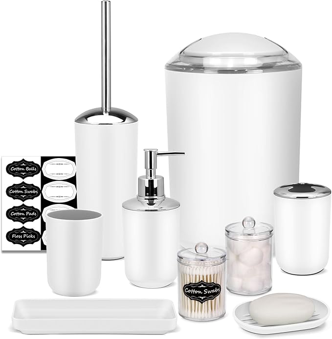 White Bathroom Set, 9 Piece Bathroom Accessories Set, Soap Dispenser, by IMAVO