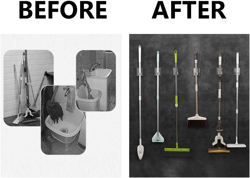 HANZE Stainless Steel Mop Broom Holder Organizer, Self Adhesive Wall