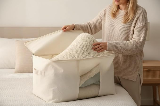 Soft Canvas Storage Bag with Zipper and Clear Window, Cotton Linen Organizer - Image 5