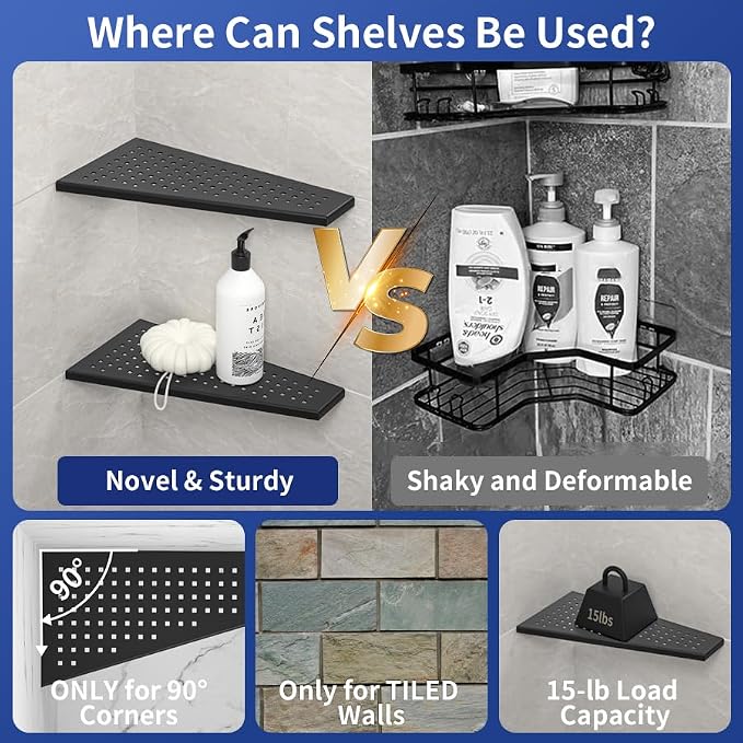 Corner Shower Shelf, Matte Black 12" Trapezoid Grout in Shampoo Shelf, 304 - Image 5